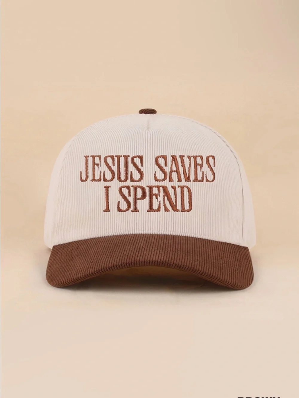 JESUS SAVES I SPEND TWO TONE CORDUROY CAP